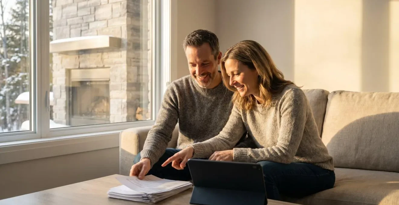 Couple de propriétaires comparant des offres d'assurance habitation dans leur salon