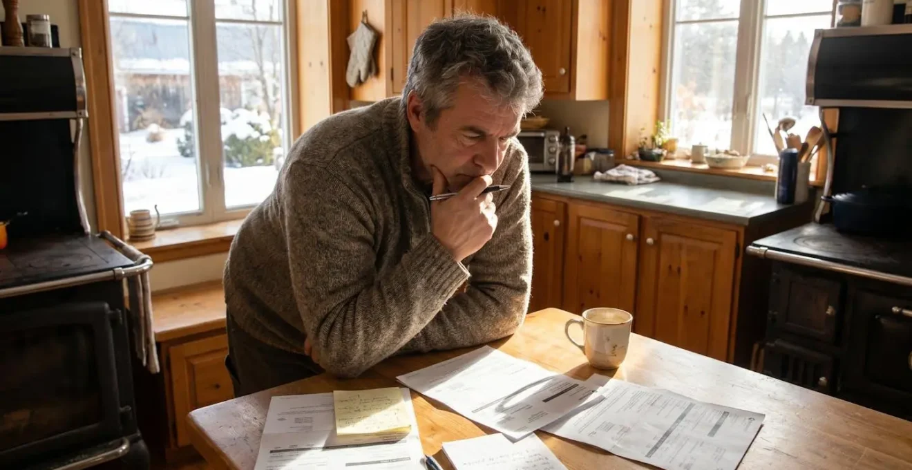 Propriétaire québécois examinant son contrat d'assurance habitation à la table de cuisine