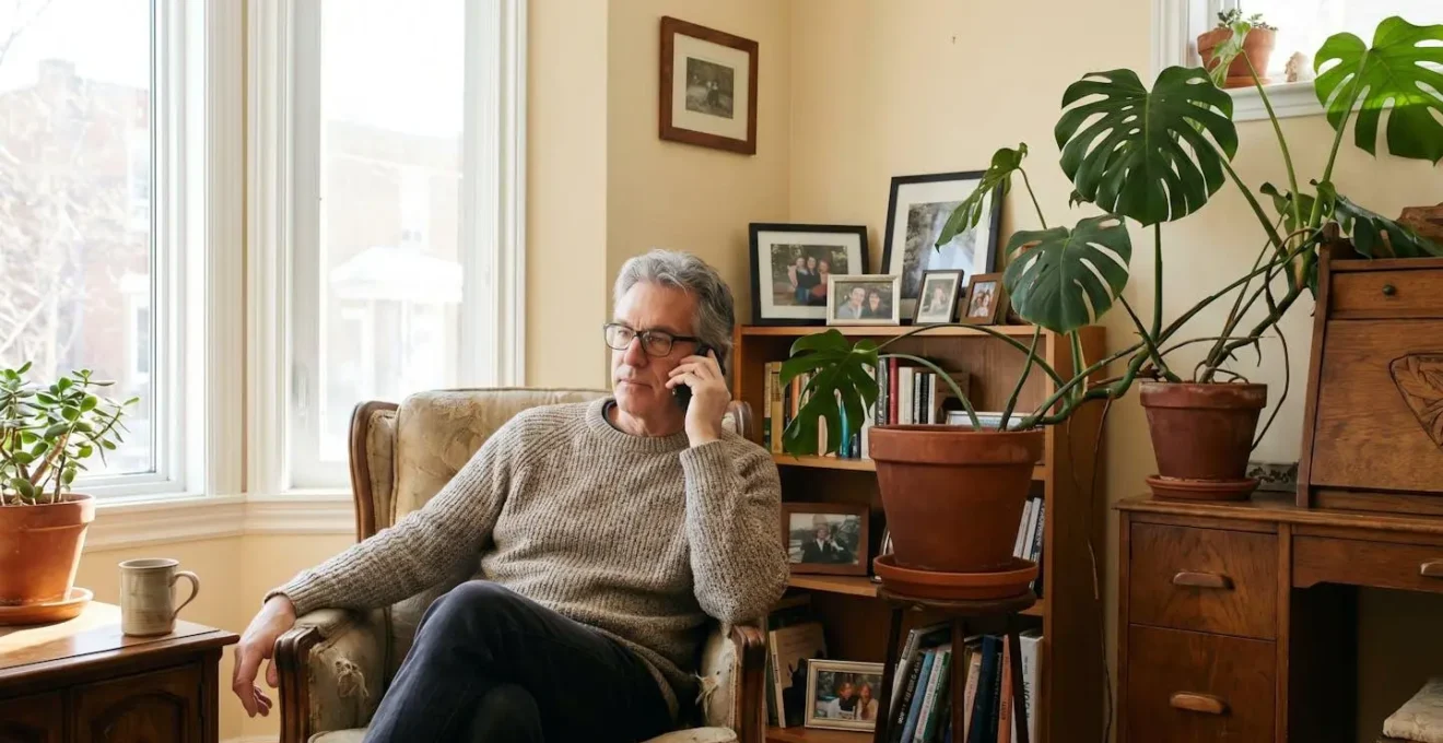 Retraité propriétaire au téléphone avec son courtier d'assurance dans sa maison québécoise