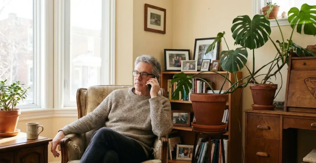 Retraité propriétaire au téléphone avec son courtier d'assurance dans sa maison québécoise Retraité propriétaire au téléphone avec son courtier d'assurance dans sa maison québécoise