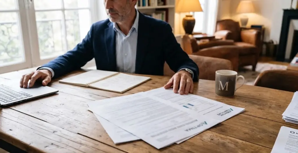 Un dirigeant compare des documents de courtiers sur son bureau de travail.