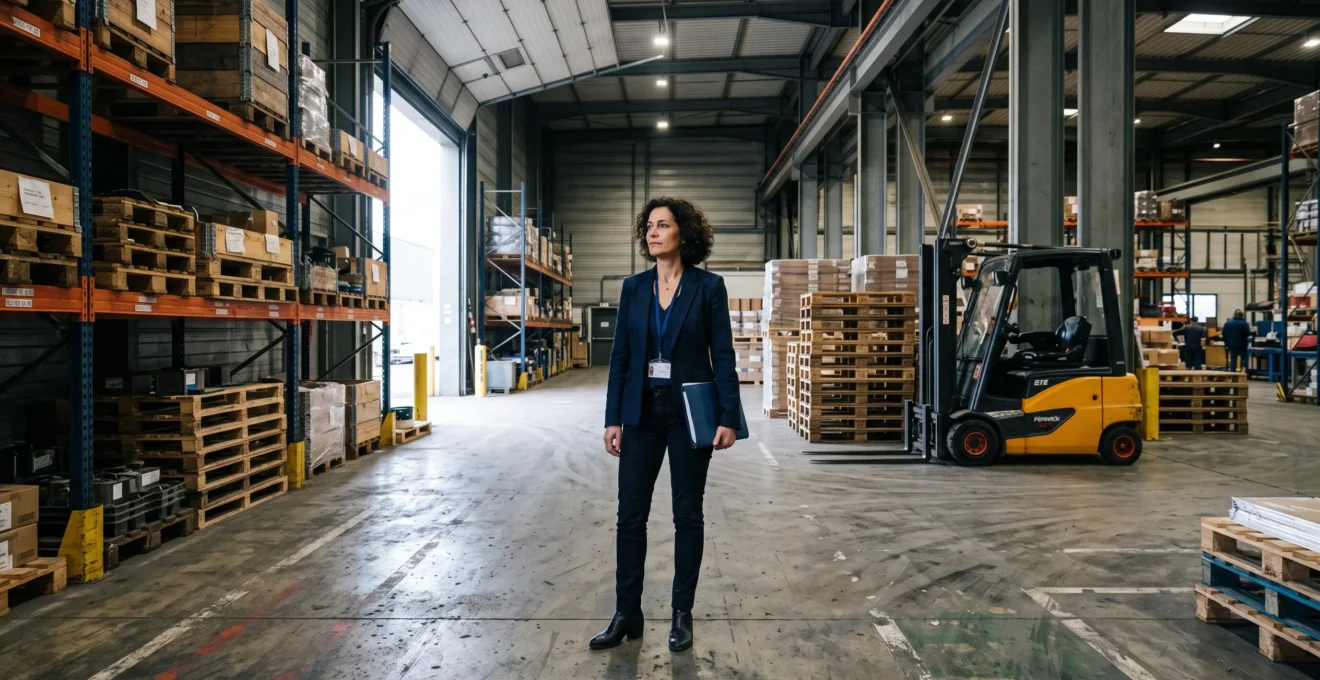 Une cheffe d'entreprise évalue son entrepôt industriel en tenant un dossier.